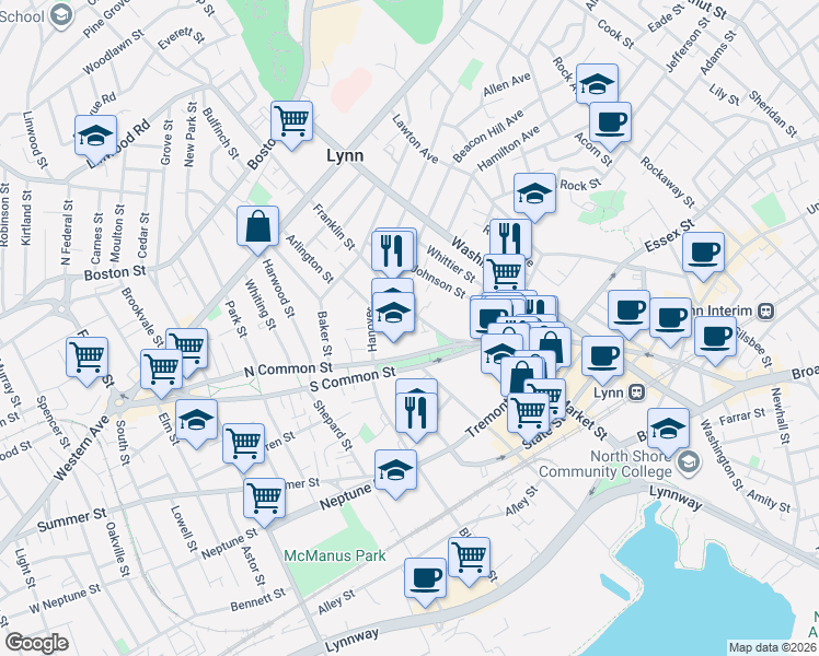 map of restaurants, bars, coffee shops, grocery stores, and more near 28-30 Franklin Street in Lynn