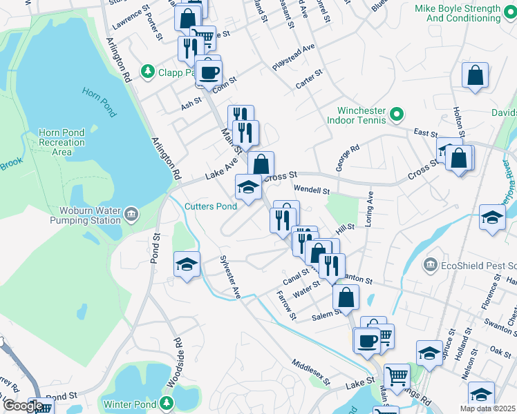 map of restaurants, bars, coffee shops, grocery stores, and more near 83 Sheridan Circle in Winchester