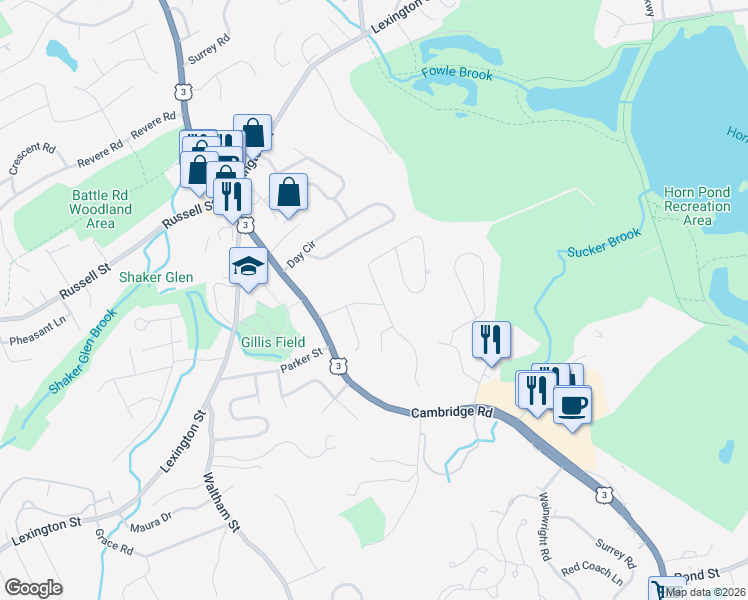 map of restaurants, bars, coffee shops, grocery stores, and more near 23 Hiawatha Road in Woburn