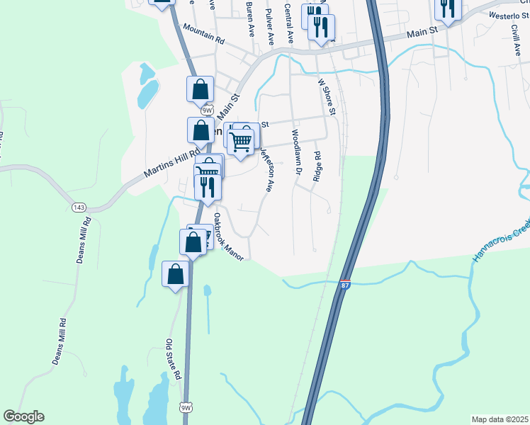 map of restaurants, bars, coffee shops, grocery stores, and more near 7 Jefferson Avenue in Ravena