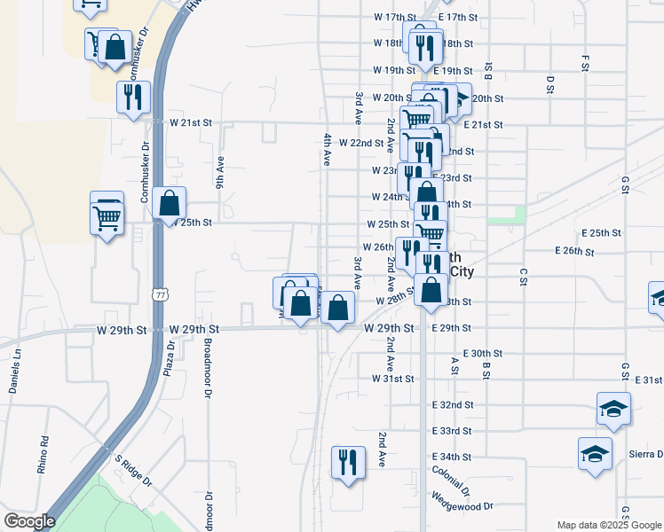 map of restaurants, bars, coffee shops, grocery stores, and more near 414 West 26th Street in South Sioux City