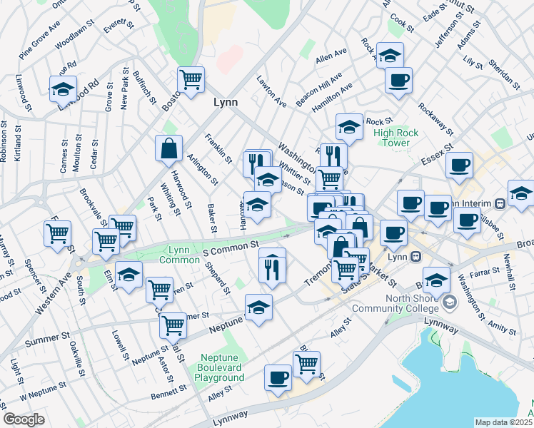 map of restaurants, bars, coffee shops, grocery stores, and more near 28-30 Franklin Street in Lynn