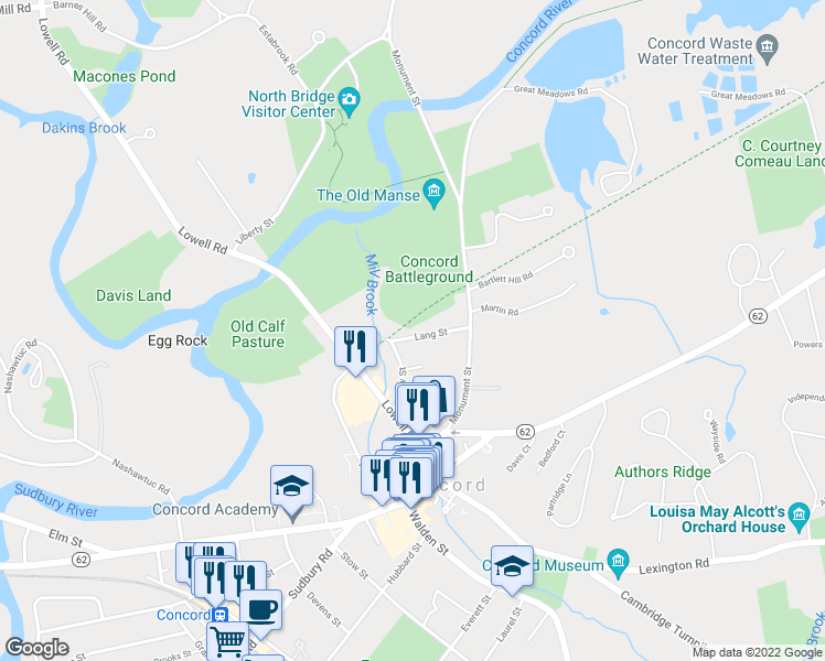 map of restaurants, bars, coffee shops, grocery stores, and more near 60 Lang Street in Concord