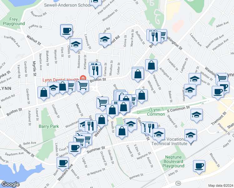 map of restaurants, bars, coffee shops, grocery stores, and more near 12 Tacoma St in Lynn