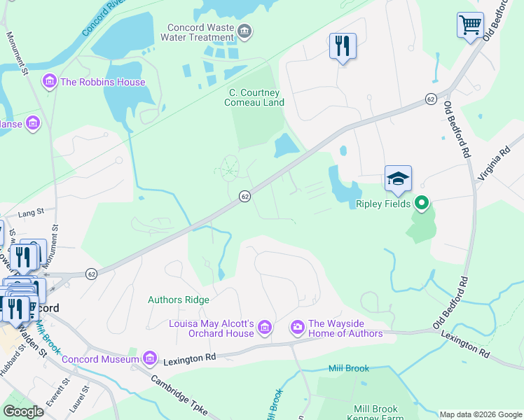 map of restaurants, bars, coffee shops, grocery stores, and more near 537 Barretts Mill Road in Concord