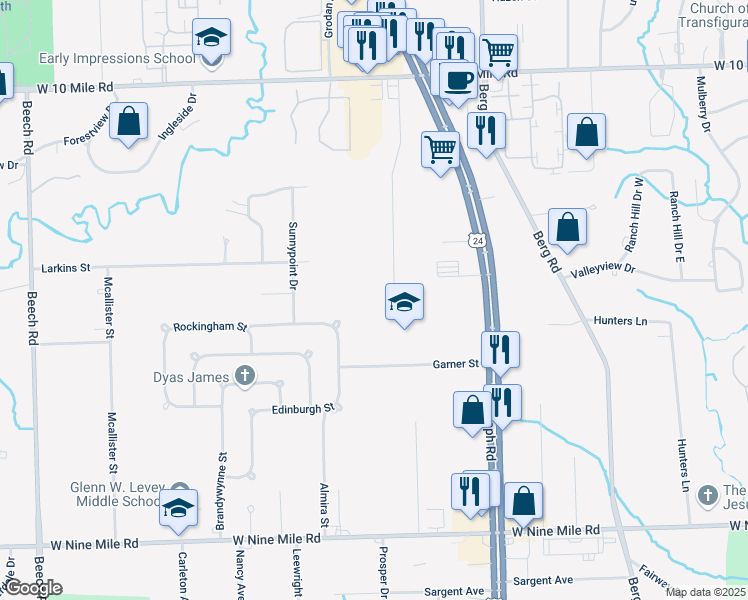 map of restaurants, bars, coffee shops, grocery stores, and more near 24225 Kinsel Street in Southfield