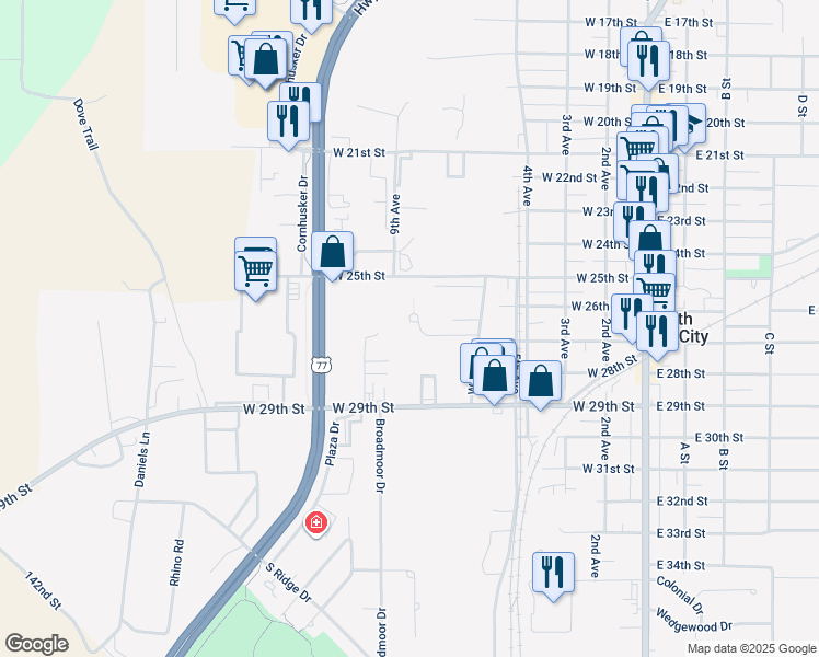 map of restaurants, bars, coffee shops, grocery stores, and more near 128 Liberty Drive in South Sioux City