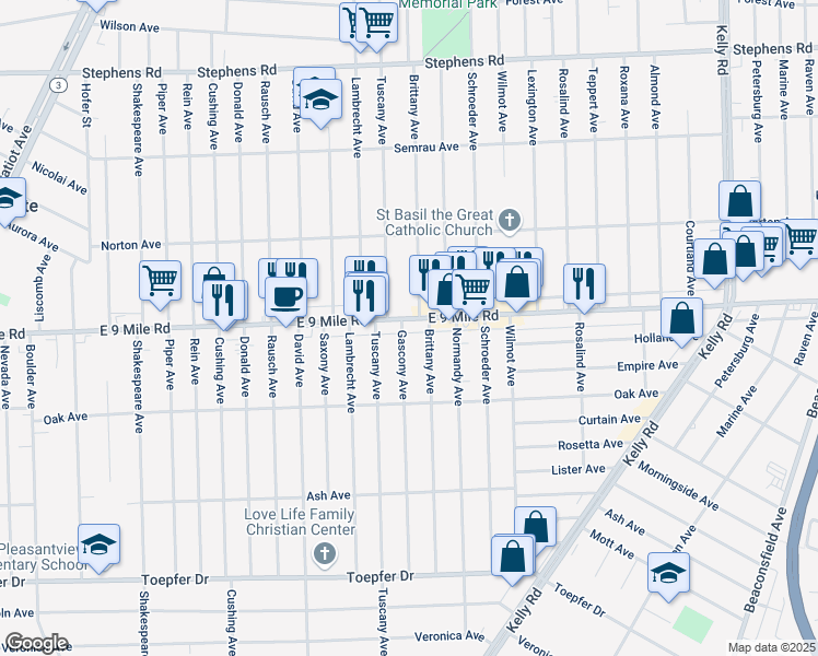 map of restaurants, bars, coffee shops, grocery stores, and more near 17650 E 9 Mile Rd in Eastpointe