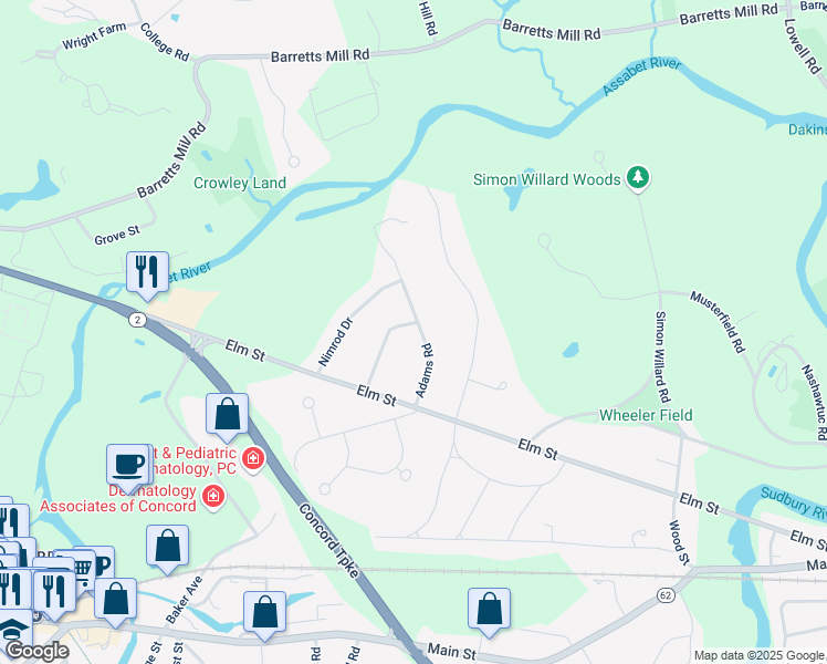 map of restaurants, bars, coffee shops, grocery stores, and more near 441 Adams Road in Concord