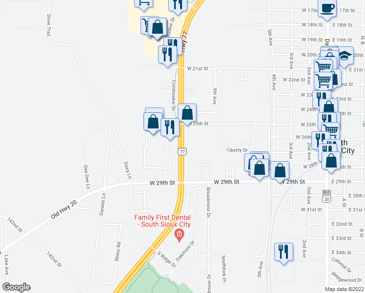 map of restaurants, bars, coffee shops, grocery stores, and more near Highway 77 in South Sioux City