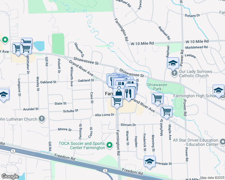 map of restaurants, bars, coffee shops, grocery stores, and more near 23600 Liberty Street in Farmington