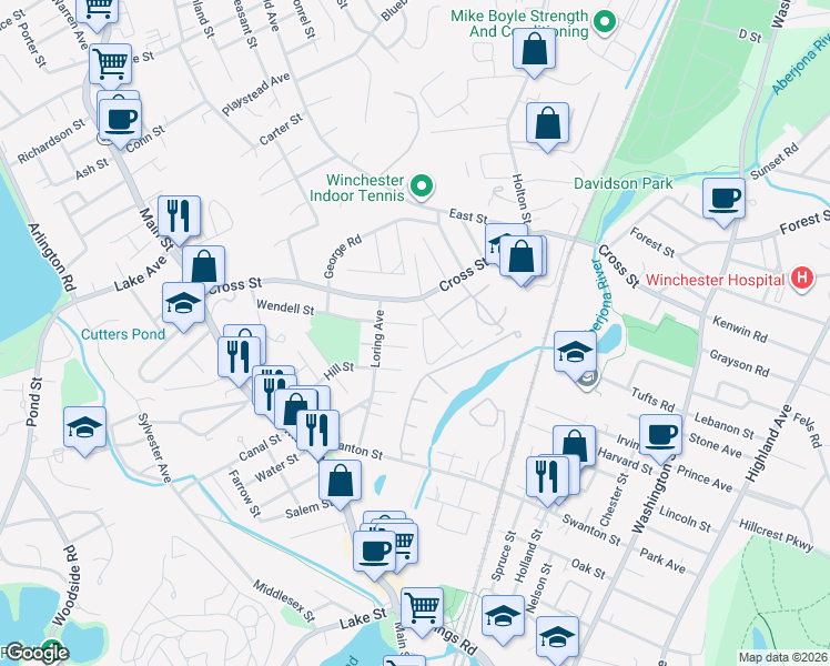 map of restaurants, bars, coffee shops, grocery stores, and more near 6 Wendell Street in Winchester