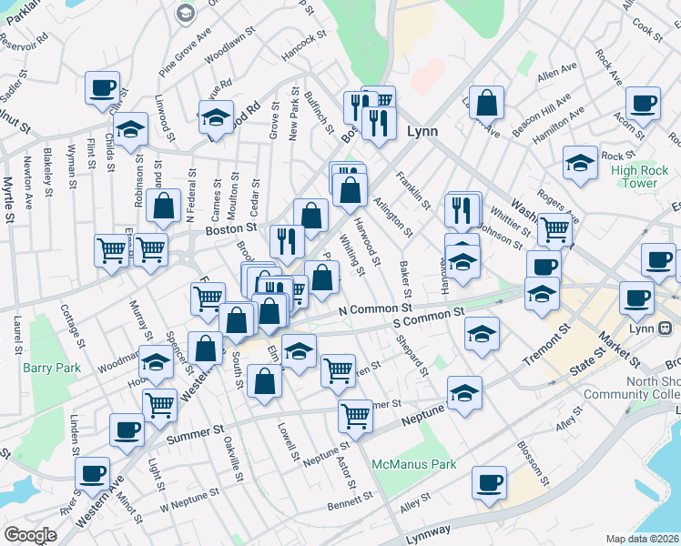 map of restaurants, bars, coffee shops, grocery stores, and more near 39 Park Street in Lynn