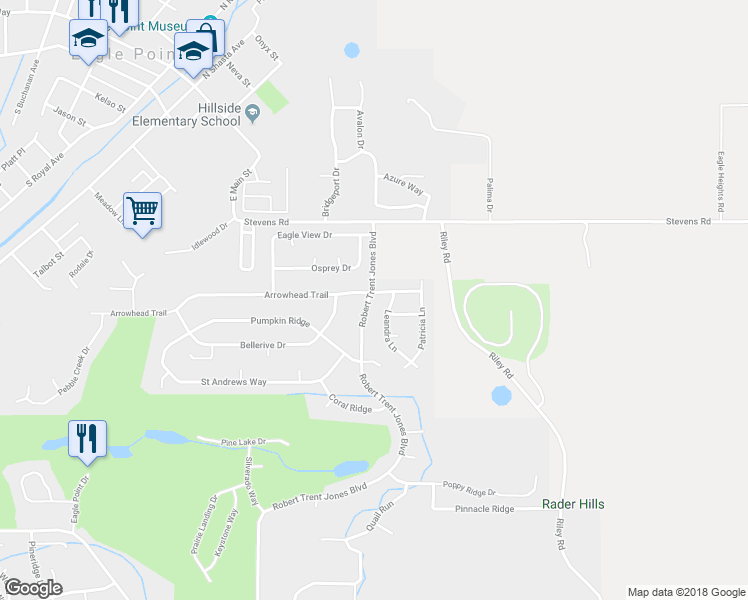 map of restaurants, bars, coffee shops, grocery stores, and more near 1102 Arrowhead Trail in Eagle Point