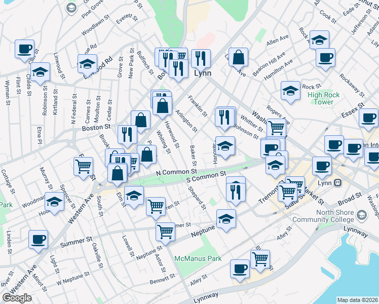 map of restaurants, bars, coffee shops, grocery stores, and more near 32 Baker Street in Lynn