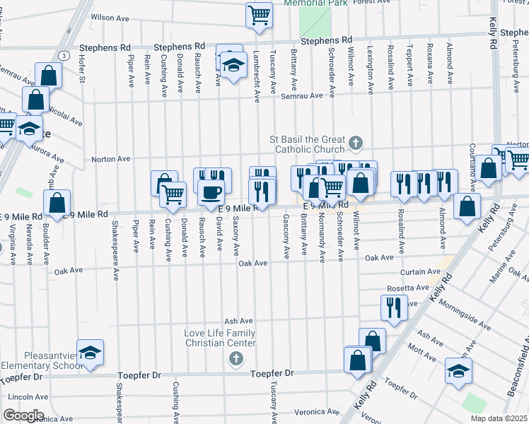 map of restaurants, bars, coffee shops, grocery stores, and more near 17534 East 9 Mile Road in Eastpointe