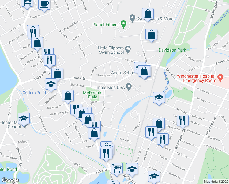 map of restaurants, bars, coffee shops, grocery stores, and more near 6 Wendell Street in Winchester
