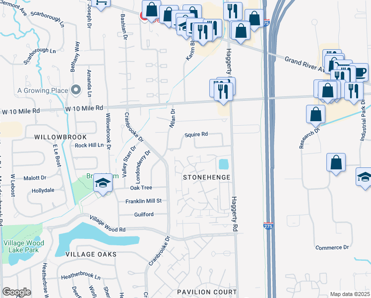 map of restaurants, bars, coffee shops, grocery stores, and more near 39785 Squire Road in Novi