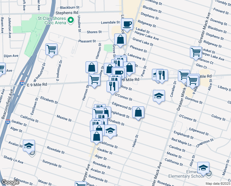 map of restaurants, bars, coffee shops, grocery stores, and more near 22890 Harper Avenue in St. Clair Shores