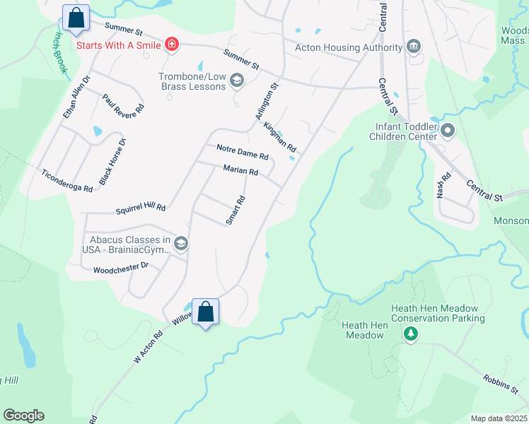 map of restaurants, bars, coffee shops, grocery stores, and more near 133 Willow Street in Acton
