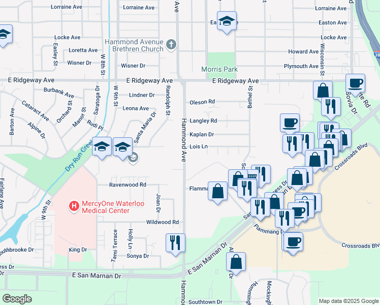 map of restaurants, bars, coffee shops, grocery stores, and more near 3414 Huntley Lane in Waterloo