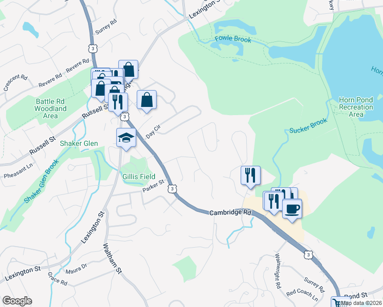map of restaurants, bars, coffee shops, grocery stores, and more near 23 Hiawatha Road in Woburn