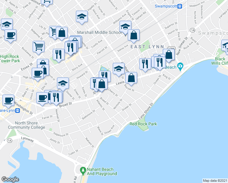 map of restaurants, bars, coffee shops, grocery stores, and more near 24 Cherry Street in Lynn