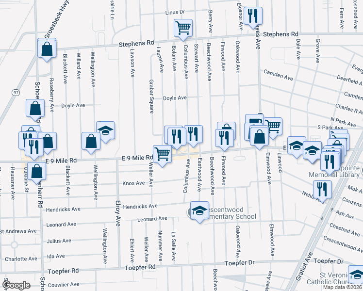 map of restaurants, bars, coffee shops, grocery stores, and more near 23032 Bolam Avenue in Warren
