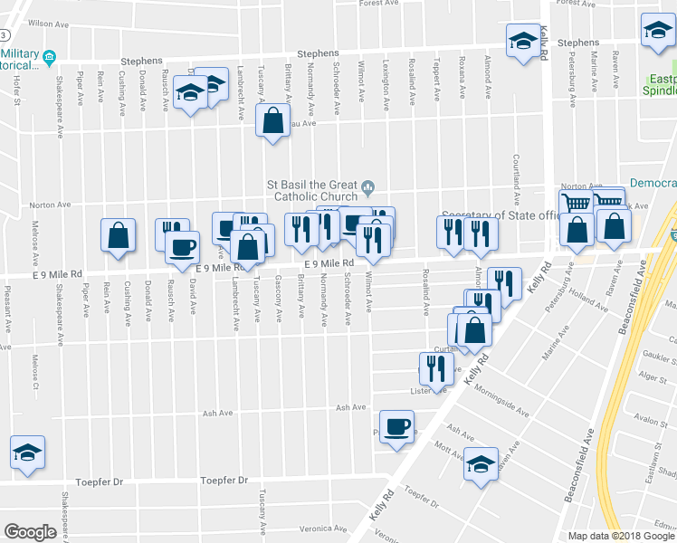 map of restaurants, bars, coffee shops, grocery stores, and more near 17850 East 9 Mile Road in Eastpointe