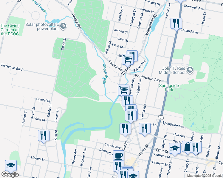 map of restaurants, bars, coffee shops, grocery stores, and more near 203 Wahconah Street in Pittsfield