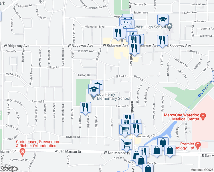 map of restaurants, bars, coffee shops, grocery stores, and more near 631 Colby Road in Waterloo
