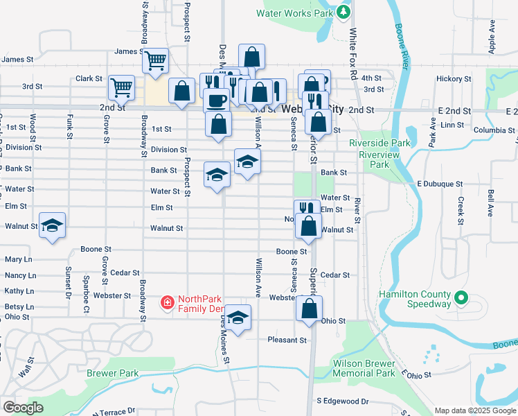 map of restaurants, bars, coffee shops, grocery stores, and more near 599 Elm Street in Webster City
