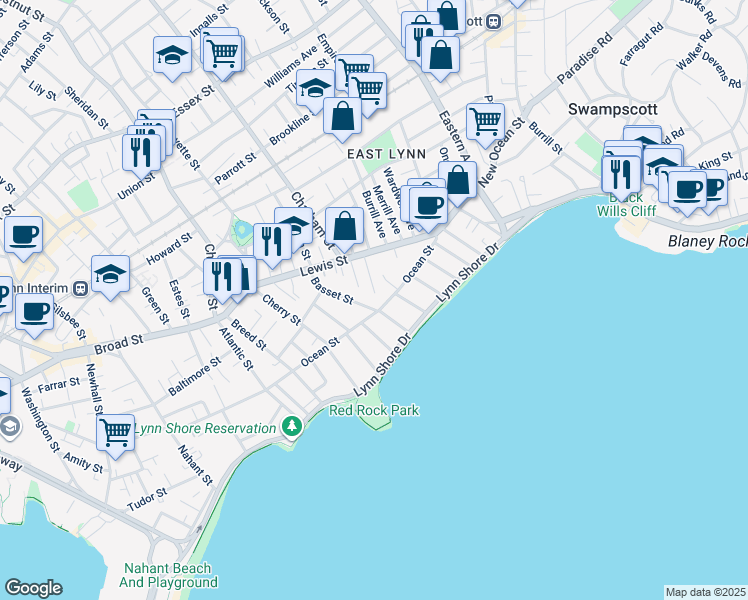 map of restaurants, bars, coffee shops, grocery stores, and more near 131 Ocean Street in Lynn
