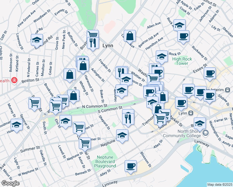 map of restaurants, bars, coffee shops, grocery stores, and more near 30 Hanover Street in Lynn