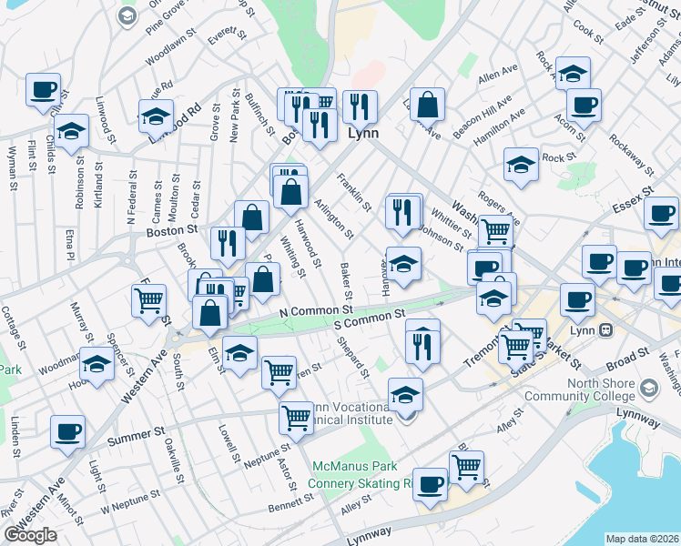 map of restaurants, bars, coffee shops, grocery stores, and more near 31 Baker Street in Lynn