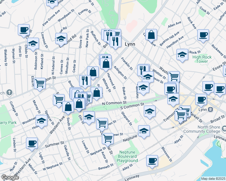map of restaurants, bars, coffee shops, grocery stores, and more near 36 Harwood Street in Lynn