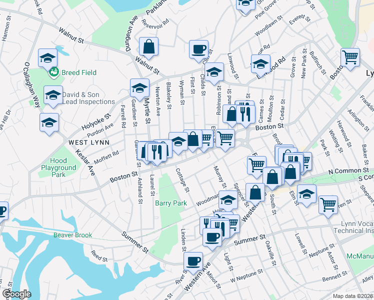 map of restaurants, bars, coffee shops, grocery stores, and more near 12 Flint Street in Lynn