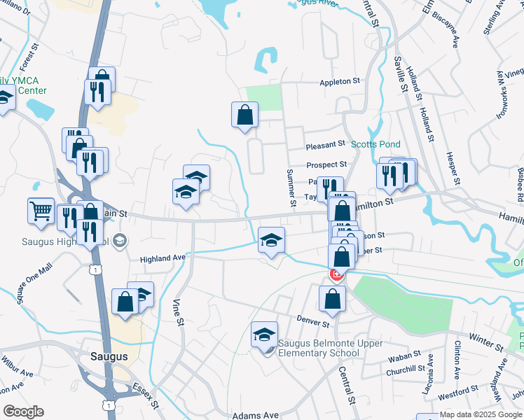 map of restaurants, bars, coffee shops, grocery stores, and more near 59 Main Street in Saugus