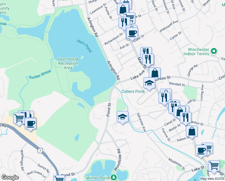 map of restaurants, bars, coffee shops, grocery stores, and more near 85-93 Lake Avenue in Woburn
