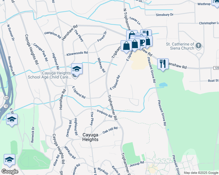 map of restaurants, bars, coffee shops, grocery stores, and more near 300 East Upland Road in Ithaca