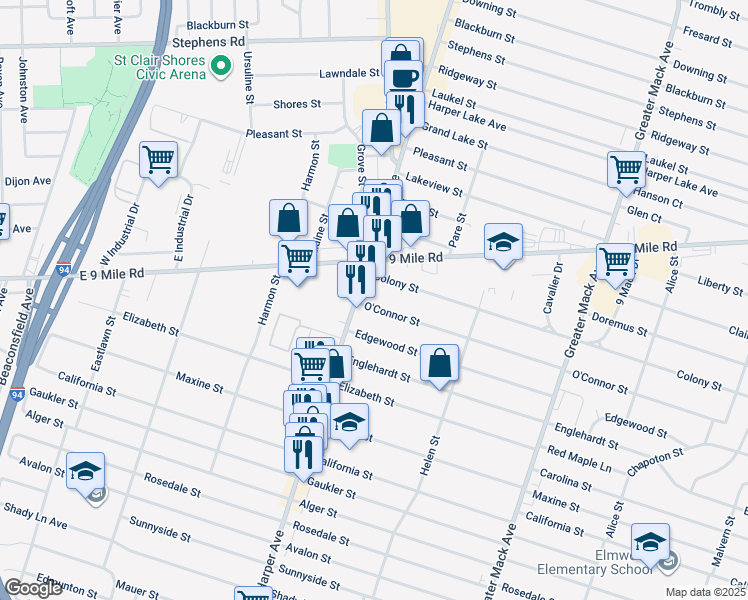 map of restaurants, bars, coffee shops, grocery stores, and more near 22890 Harper Avenue in St. Clair Shores