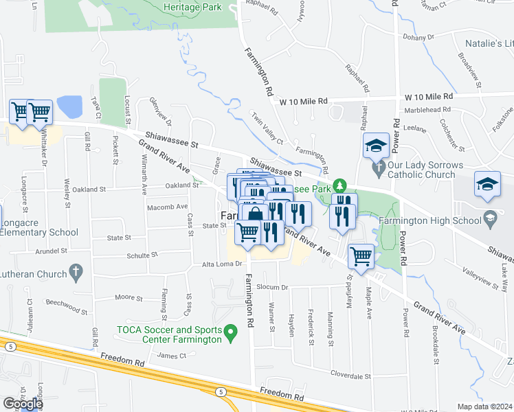map of restaurants, bars, coffee shops, grocery stores, and more near in Farmington