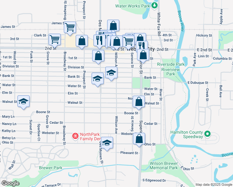 map of restaurants, bars, coffee shops, grocery stores, and more near 601 Elm Street in Webster City