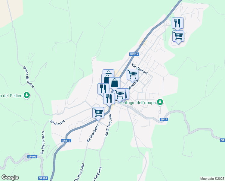 map of restaurants, bars, coffee shops, grocery stores, and more near Strada Regionale 312 Castrense in Provincia di Viterbo