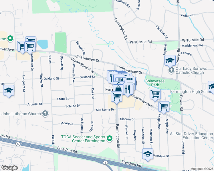 map of restaurants, bars, coffee shops, grocery stores, and more near 23600 Liberty Street in Farmington
