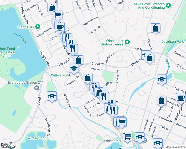 map of restaurants, bars, coffee shops, grocery stores, and more near 8 Arbor Lane in Winchester