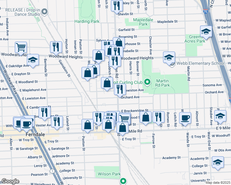 map of restaurants, bars, coffee shops, grocery stores, and more near 1000-1098 E Lewiston Ave in Ferndale