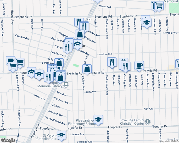 map of restaurants, bars, coffee shops, grocery stores, and more near 16345 East 9 Mile Road in Eastpointe