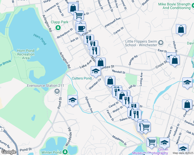 map of restaurants, bars, coffee shops, grocery stores, and more near 83 Sheridan Circle in Winchester