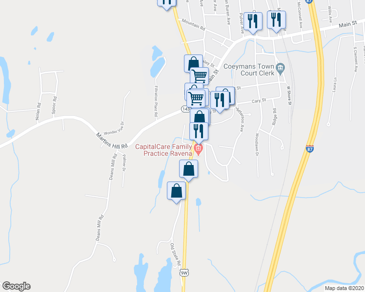map of restaurants, bars, coffee shops, grocery stores, and more near 13-15 Camille Drive in Ravena